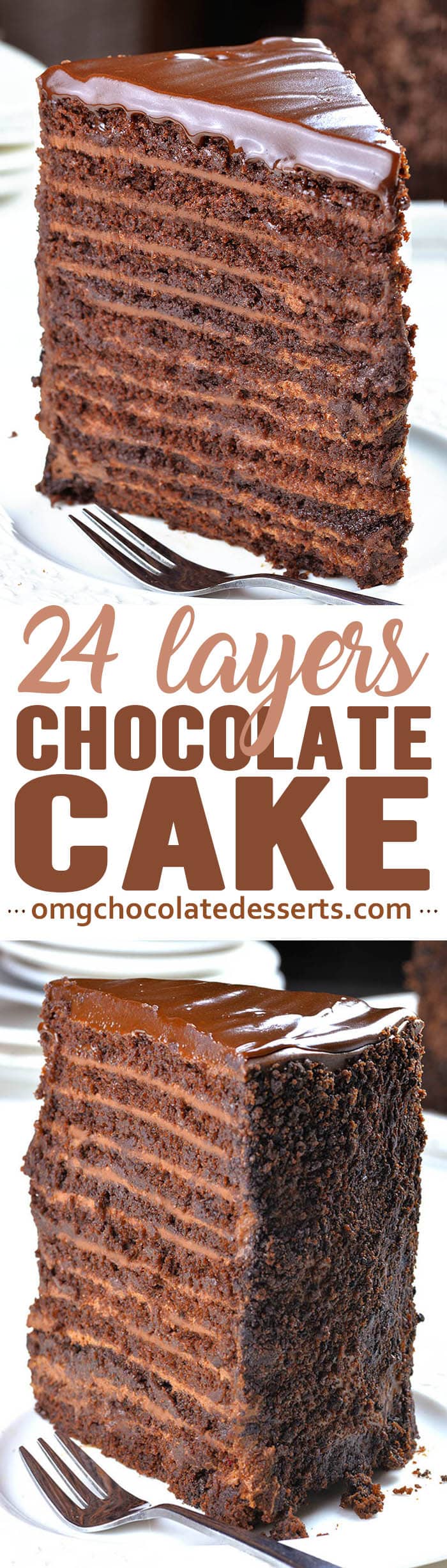 Chocolate Cake with 12 layers of smooth chocolate filling, 12 layers of moist and rich chocolate cake, topped off with a layer of silky semisweet chocolate ganache is the most decadent chocolate cake I’ve ever tried! 