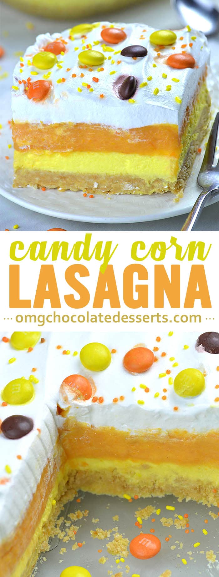 Candy Corn Lasagna is easy, no bake, fall dessert recipe with Golden Oreo crust, cheesecake filling, pumpkin layer and whipped cream on top.