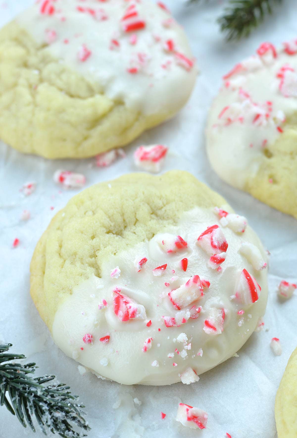 Peppermint Crunch Sugar Cookies on a parchment paper.