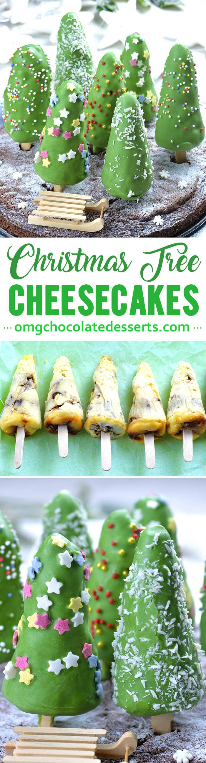 Christmas Tree Cheesecake on a stick is festive and fabulous Christmas treat. Eating cheesecake has never been this fun! Mini cheesecakes in the shape of Christmas tree, overload with candy bars are perfect Christmas party dessert!