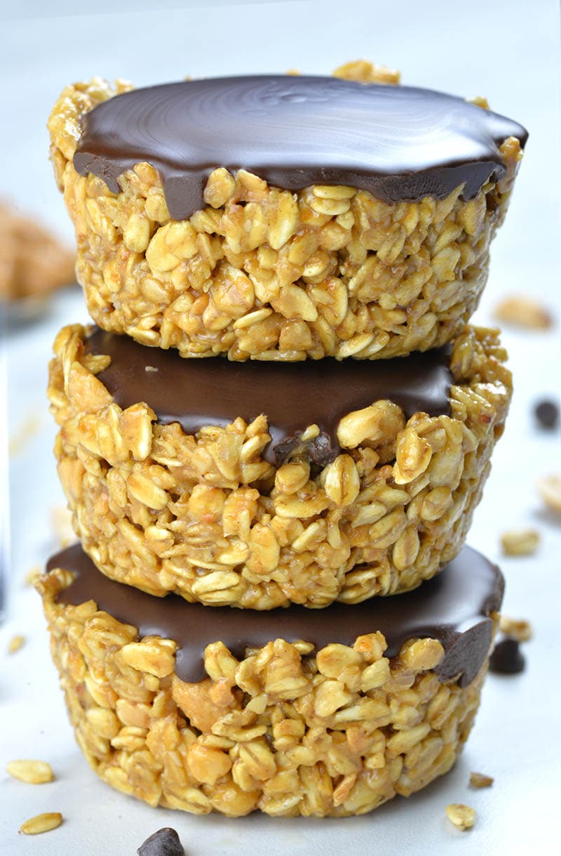No Bake Peanut Butter Granola Cups are nutritious, quick and easy to make– and they require no cooking or baking of course! -Three cups each on other!