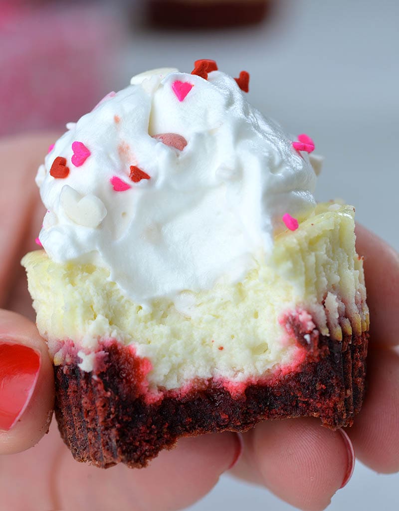Bitten Red Velvet Cheesecake Cupcakes in hand.