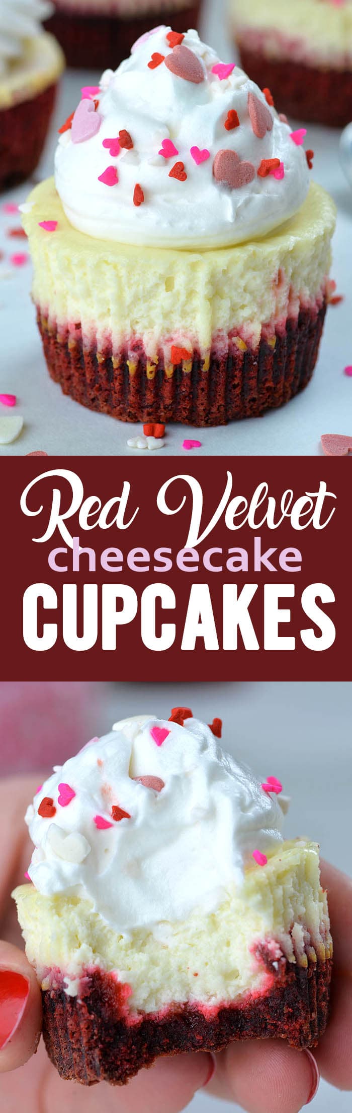 Red Velvet Cheesecake Cupcakes are perfect Valentine’s Day treat - combo of smooth cheesecake on top of red velvet crust packed in individual portion.