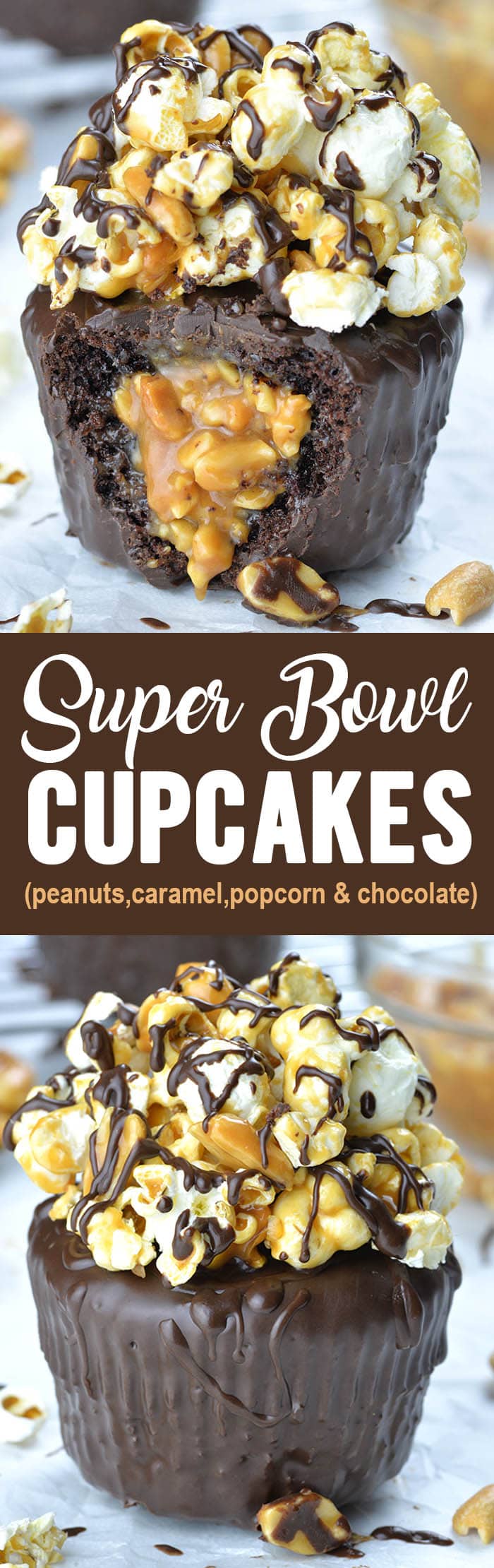 Nothing tastes sweeter than a Super Bowl win, but these delicious chocolate cupcakes with salted caramel, peanuts and popcorn come pretty close!