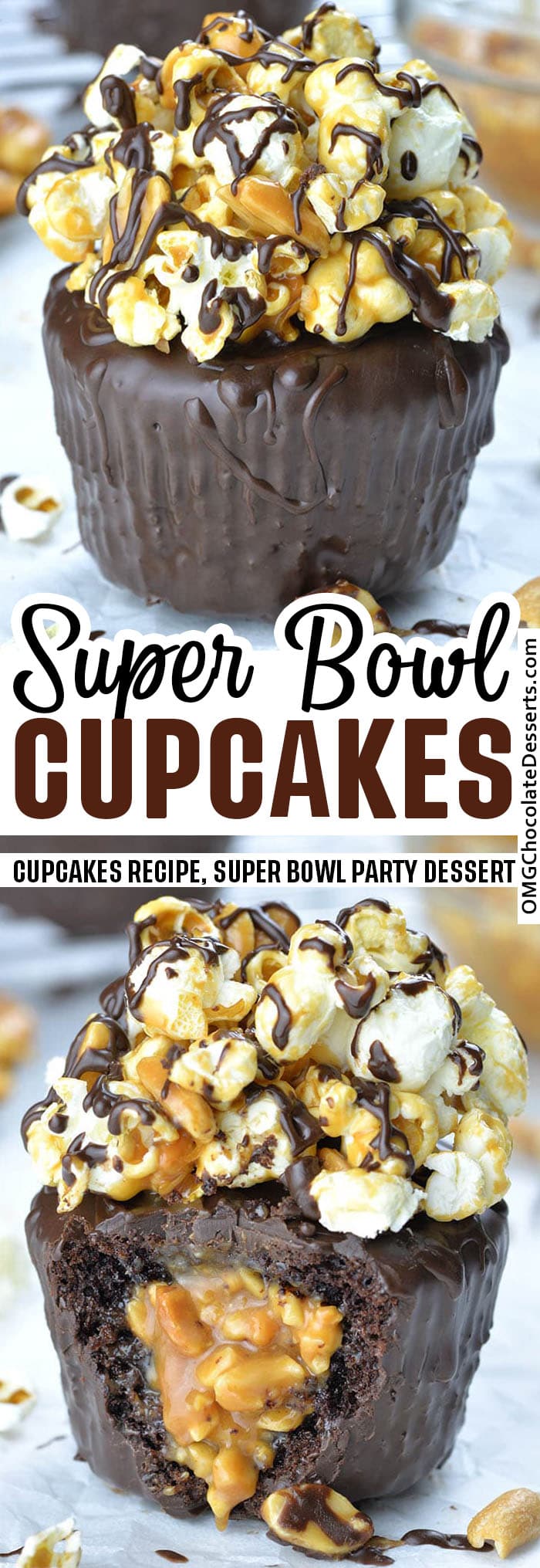 Super Bowl Cupcakes - Nothing tastes sweeter than a Super Bowl win, but these delicious chocolate cupcakes with salted caramel, peanuts and popcorn come pretty close!