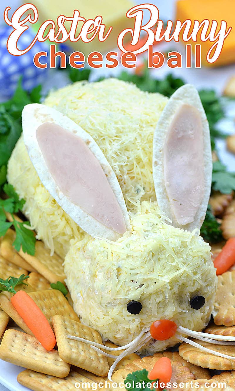 Easter Bunny Cheese Ball is delicious and easy Easter appetizer! This Easter Bunny is fun and festive version of classic cheese ball recipe with cream cheese, Cheddar cheese, Ranch seasoning mix and crumbled bacon.