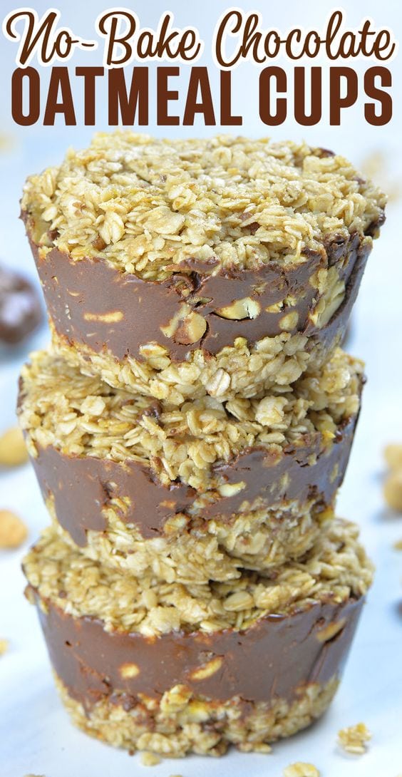 No-Bake Chocolate Peanut Butter Oatmeal Cups are the perfect grab and go snack or lunch box treat!