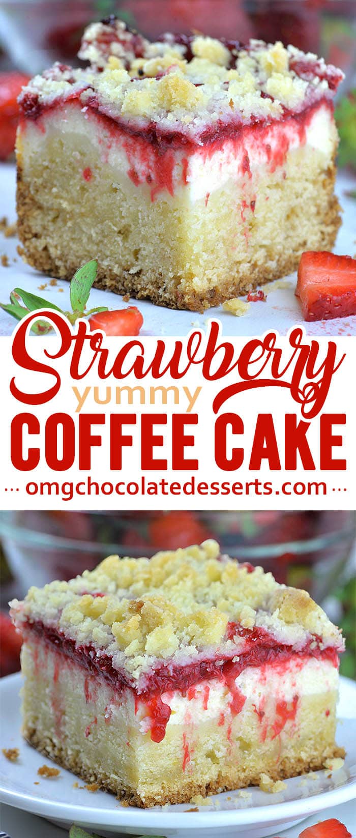 Layer of sweet and refreshing homemade strawberry sauce makes this Strawberry Coffee Cake perfect spring and summer treat. #strawberryrecipe #coffeecake #strawberrycake