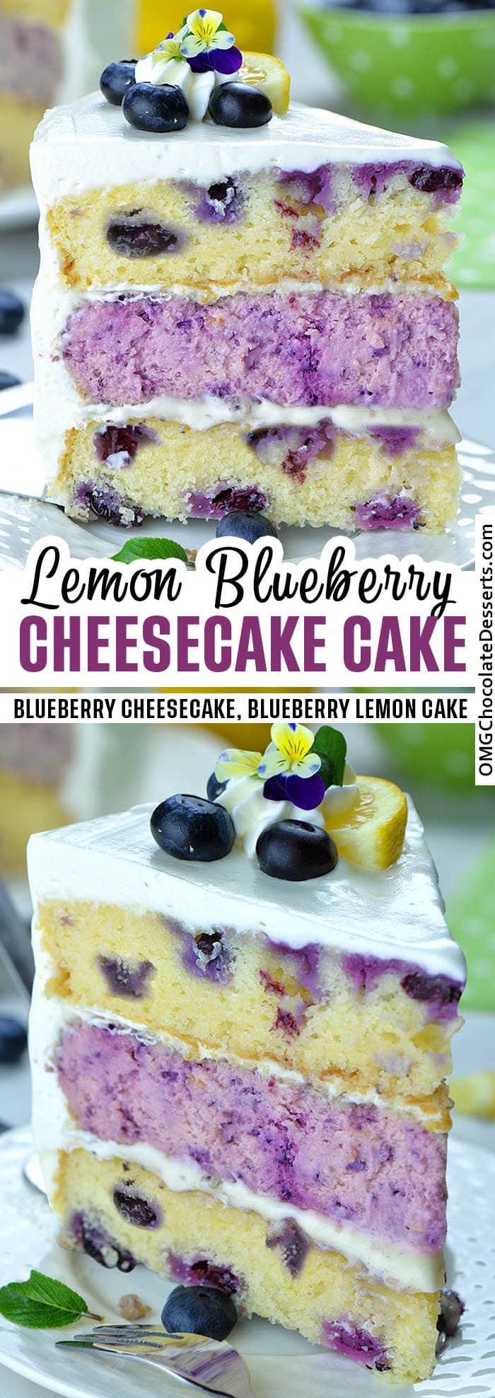 Two different images of Lemon blueberry Cheesecake Cake with title beside.