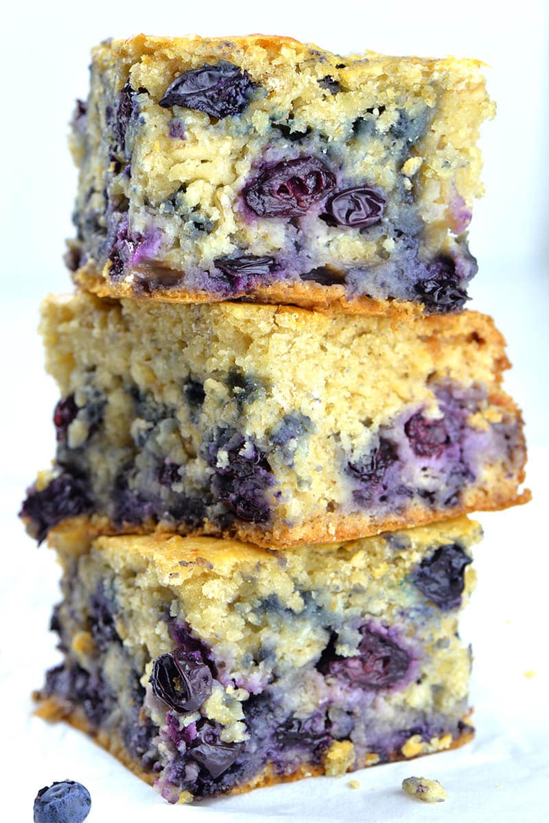 Three pieces of Blueberry Breakfast Cake each on other!
