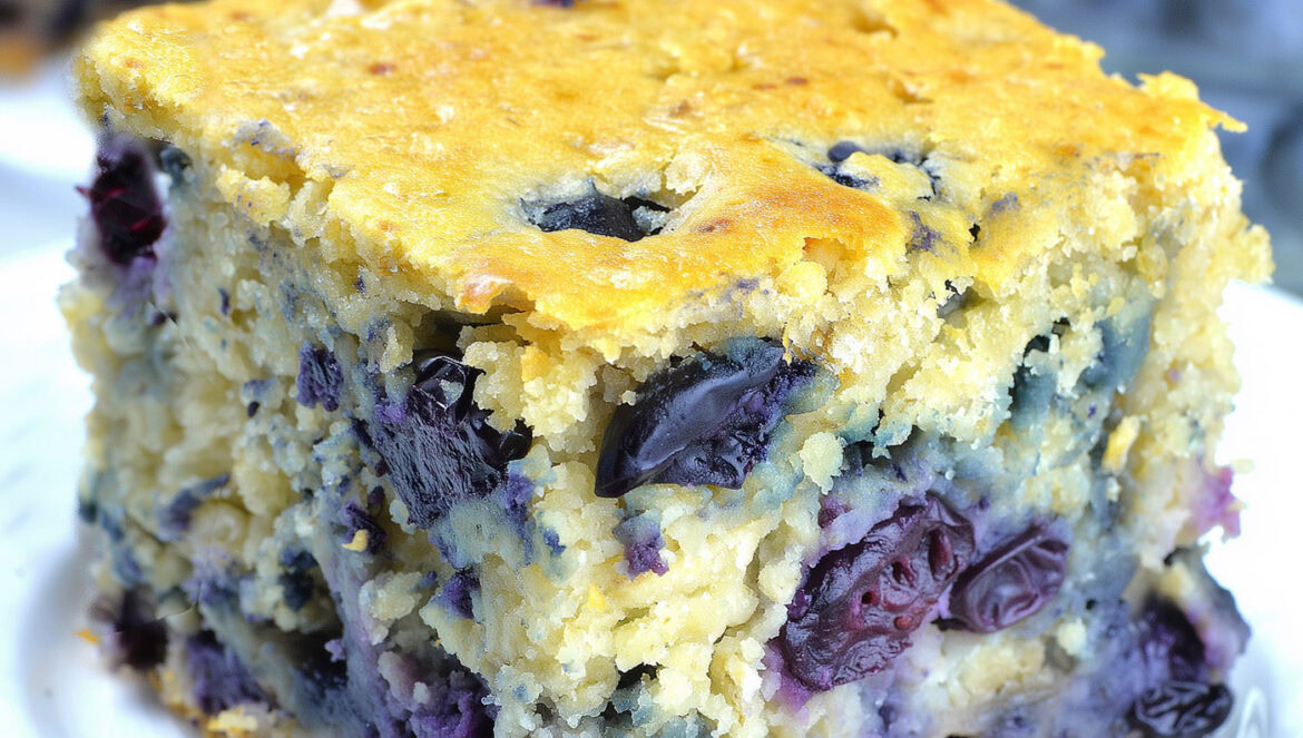 Moist blueberry breakfast cake with fresh blueberries, soft crumb and golden top baked in a square pan