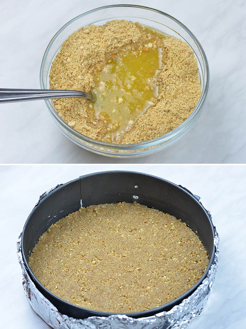 Graham cracker crumbs and melted butter in a bowl. Graham cracker crust for cheesecake in the pan.