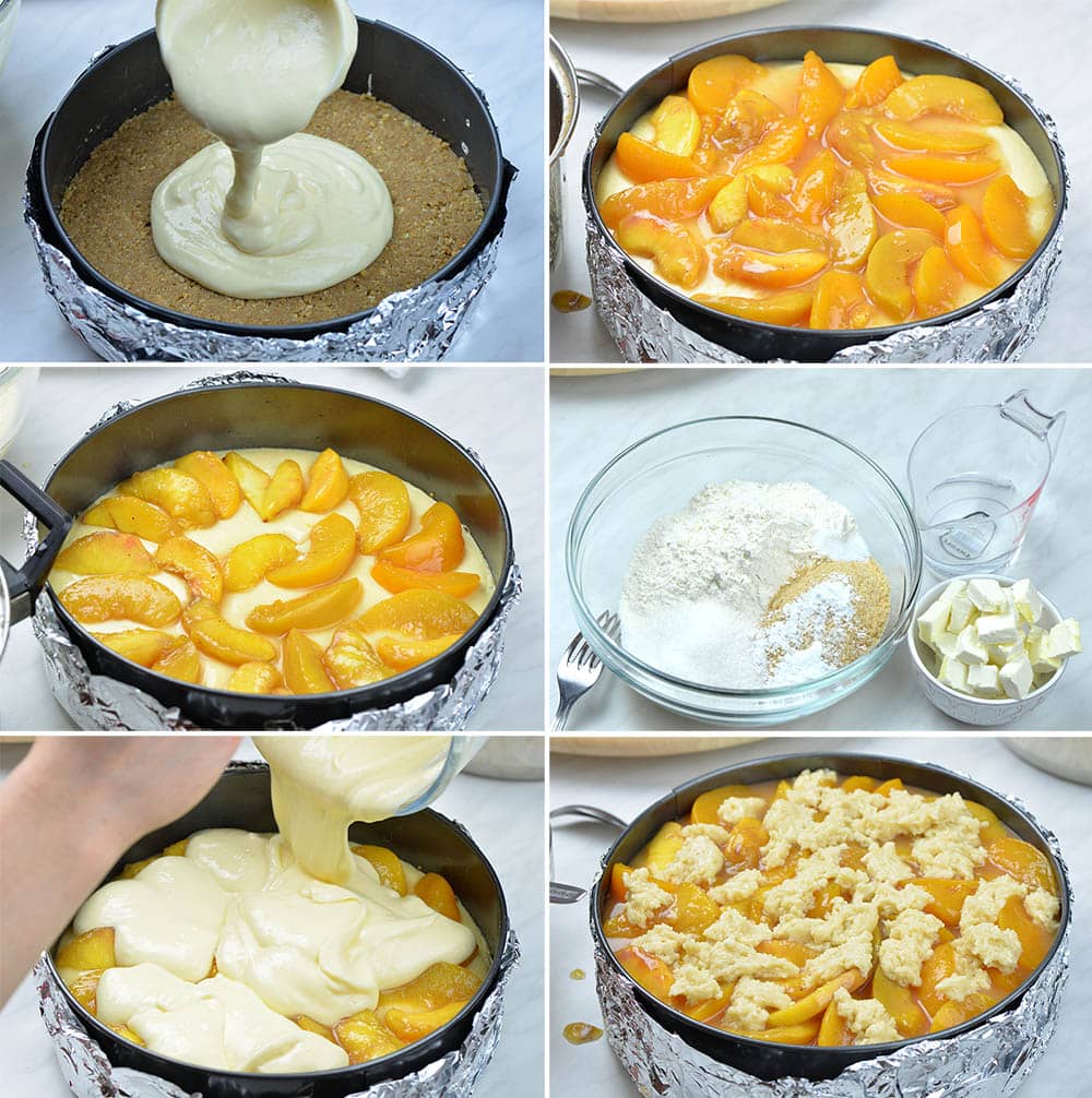Steps for making peach cobbler cheesecake. Graham cracker crust, cream cheese filling, sliced peaches and cobbler mixture.