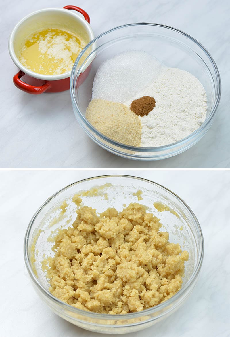 Ingredients for streusel crumbs and bowl with ready crumb topping.