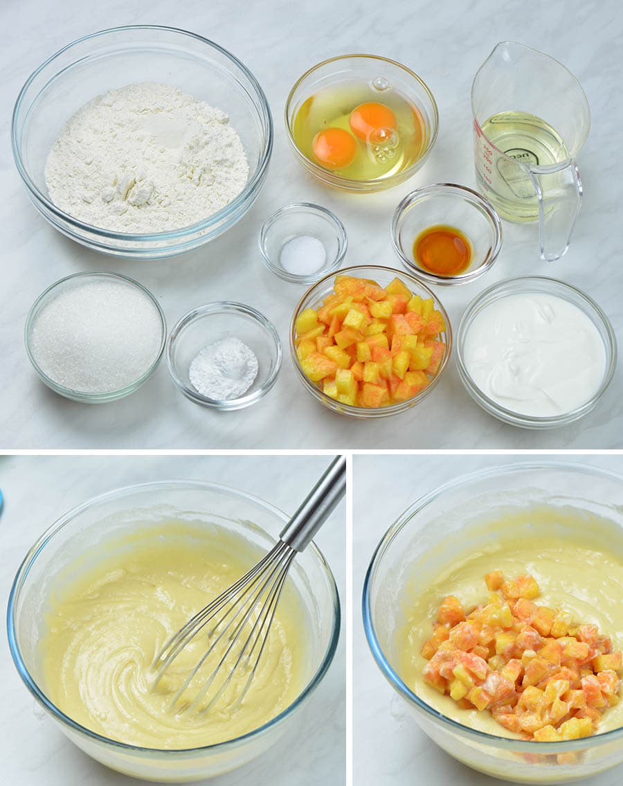 ingredients for peach muffins and a bowl with muffin batter mixture.