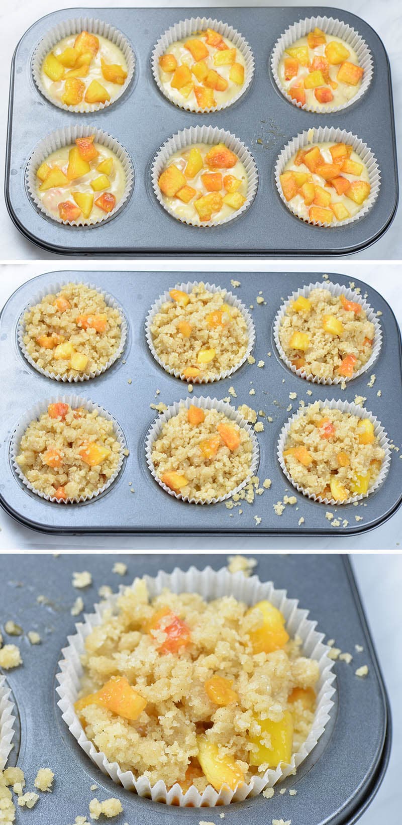 Peach muffins in muffin pan ready for baking.