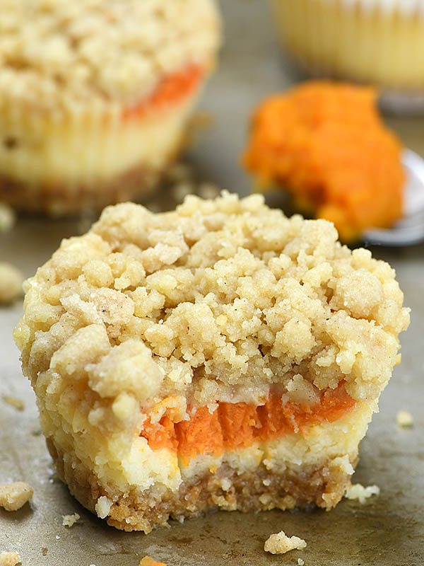 Tray of mini pumpkin cheesecakes with streusel topping