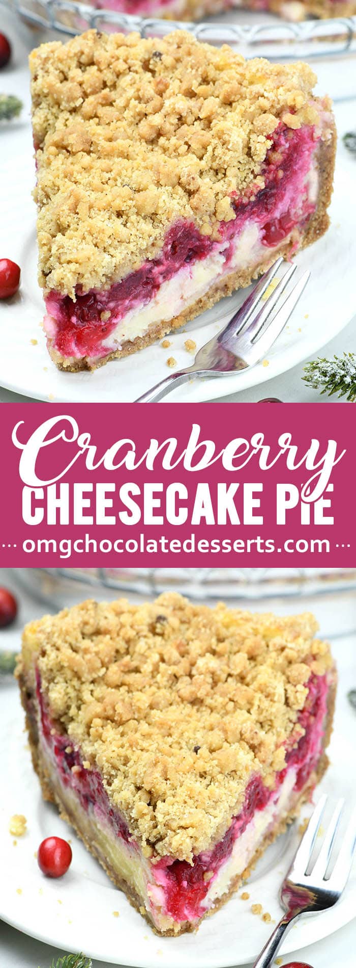 Cranberry Cheesecake Pie is a unique fall dessert recipe to add to your holiday menu for Thanksgiving or Christmas! Crunchy cinnamon sugar cookie crust with cranberry cheesecake filling! #cranberrypie #cheesecakepie #bestpierecipes #thanksgivingpierecipe #cranberrycheesecake #homemadethanksgivingpie #cookiecrust
