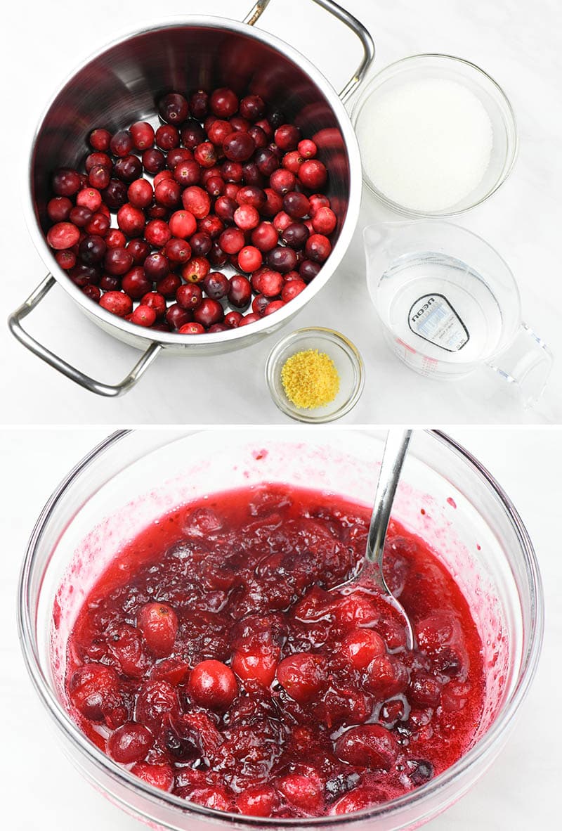 ingredients for cranberry filling,fresh cranberries,orange zest, sugar and water and a bowl with homemade cranberry filling.