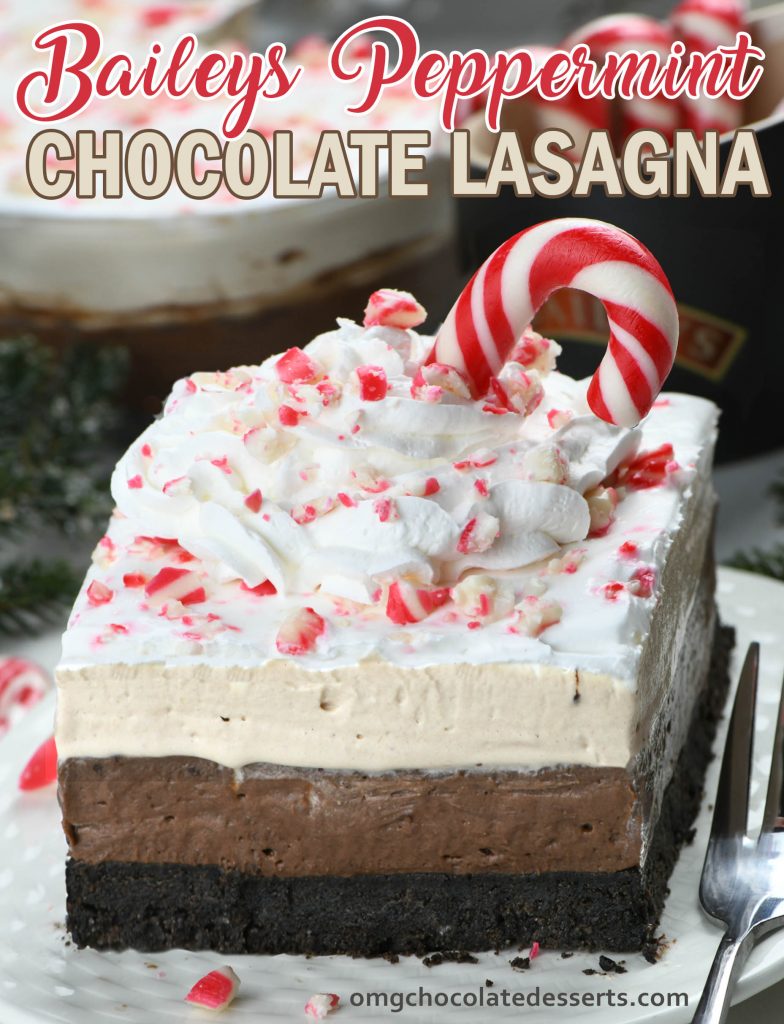 Baileys Chocolate Lasagna is completely no-bake, starting with Oreo crust, over chocolate pudding spiked with Irish cream liqueur, all the way up to Baileys cheesecake layer and whipped cream topping.