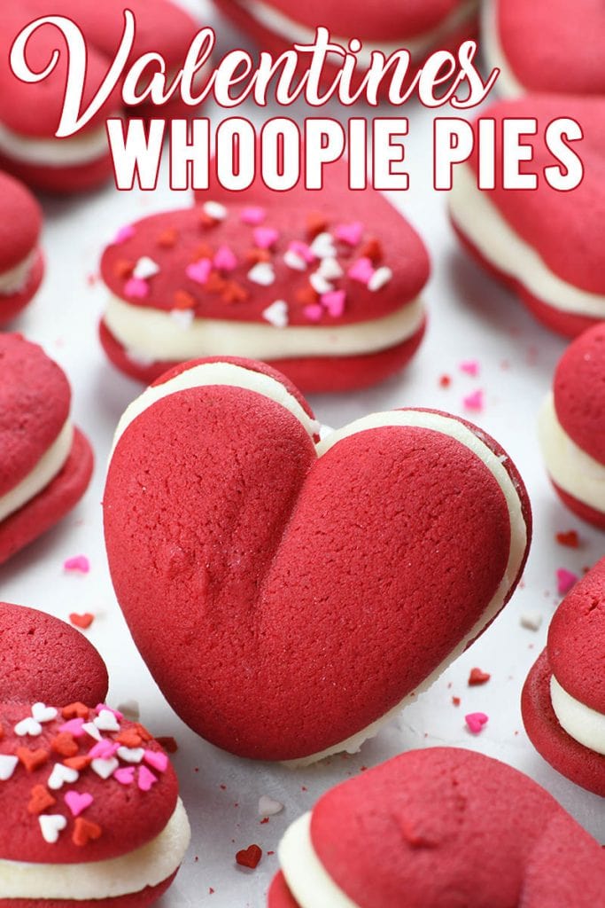 These cute, heart-shaped whoopie pies taste just like delicious red velvet cake but in a smaller, more portable form.