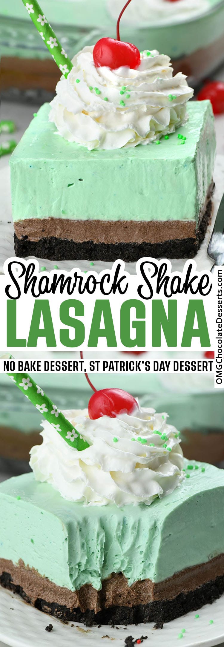 Shamrock Shake Lasagna is festive St Patrick's Day treat, even if you don't do much to celebrate it. Sweet, minty and creamy, this Shamrock Shake Lasagna is the perfect dessert to bring to a potluck or holiday gathering!