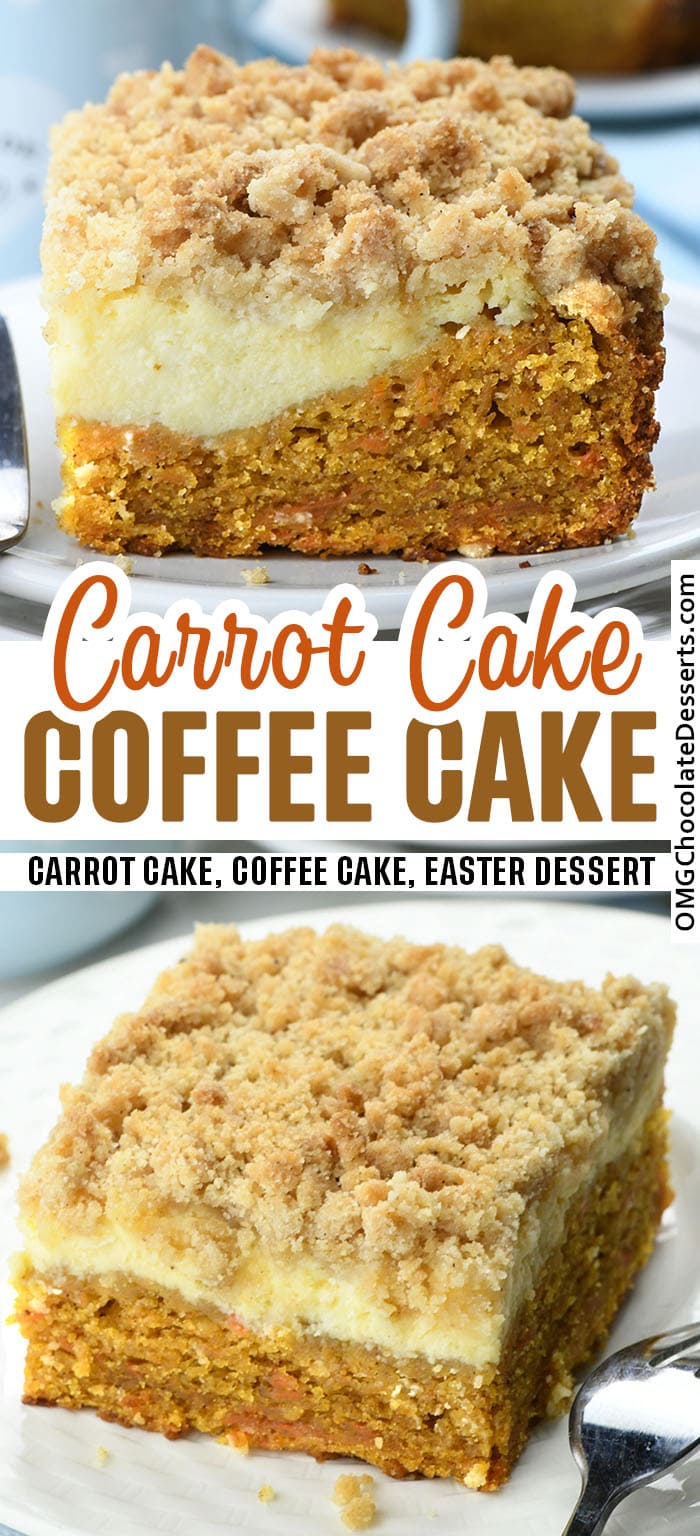 Two different images of Carrot Cake Coffee Cake with title text beside.