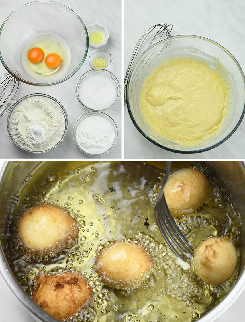 Three steps of Lemon Fritters preparation.