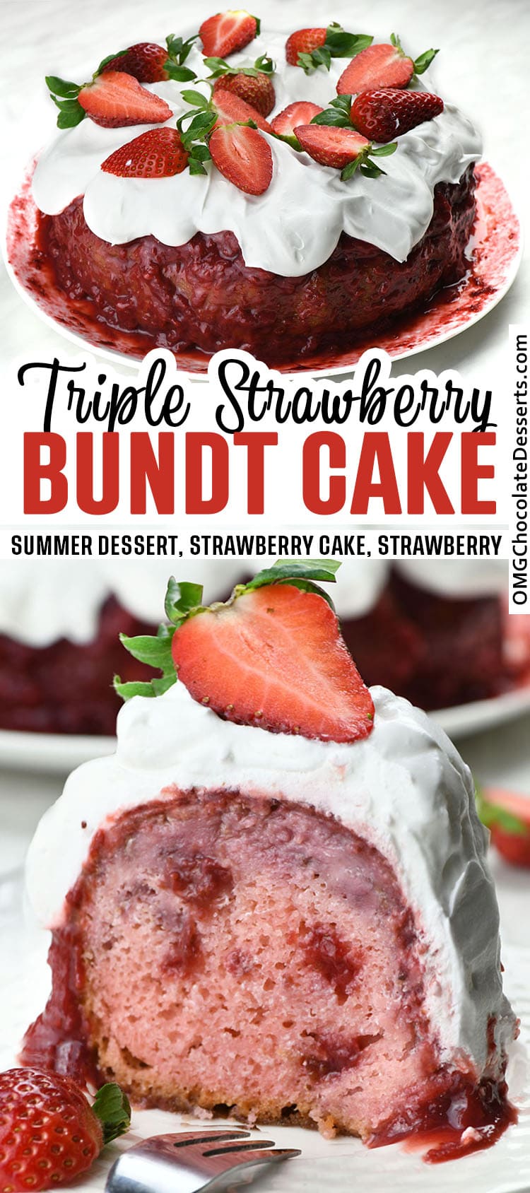 Two different images of Triple Strawberry Cake.