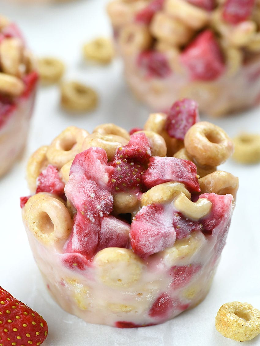 White Chocolate Strawberry Cheerios Cup in front of two other cups .