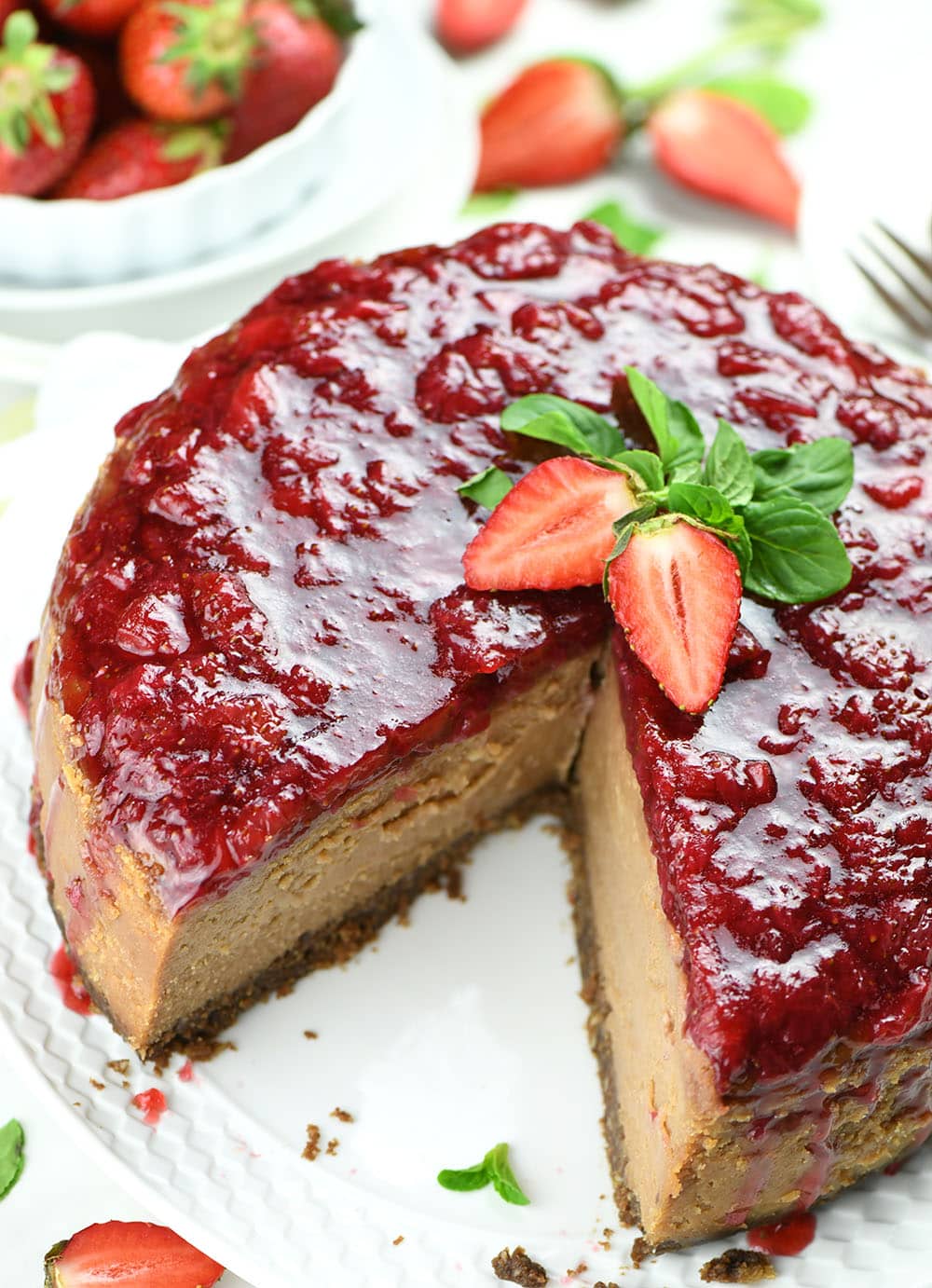 Image of Strawberry Chocolate Cheesecake from top.