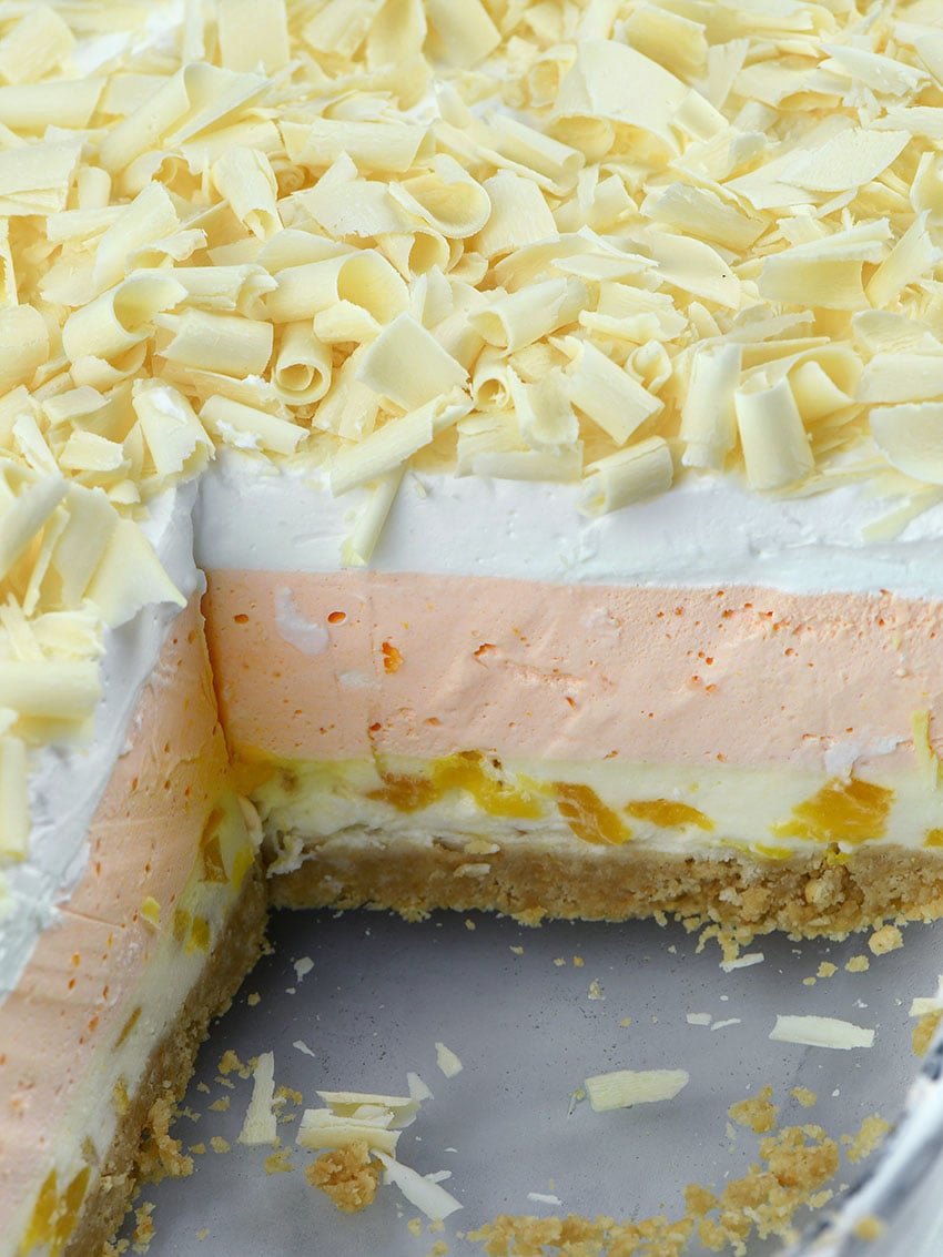 No Bake Peach Jello Lasagna in a baking dish.