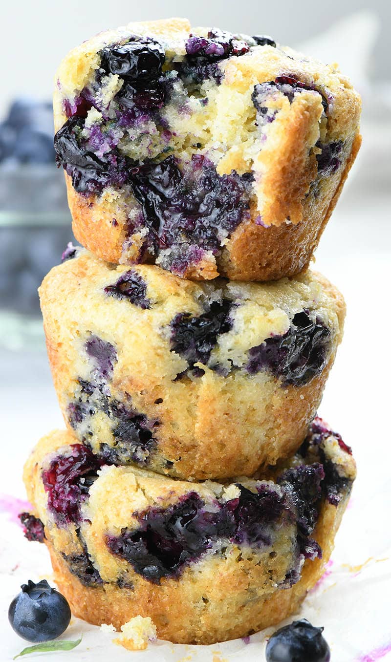 Three Blueberry Cobbler Muffins each on other.