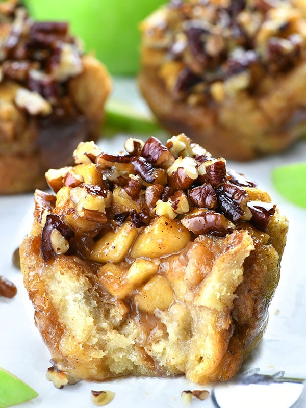 Cute, little muffin-sized French toast is soft and fluffy on the inside with a crunchy crust and pecan topping. Apple Pecan French Toast Cups are so addicting.