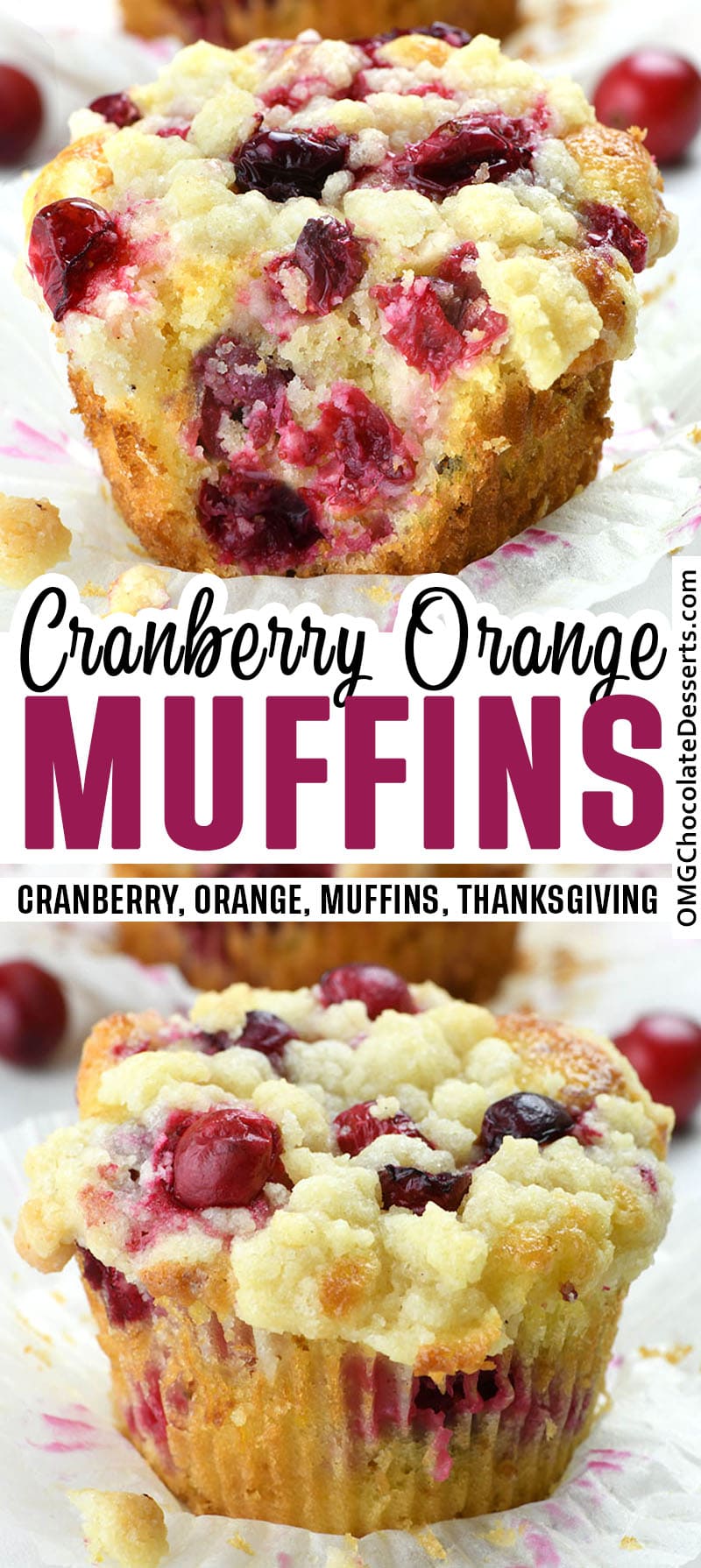 Two Cranberry Orange Muffins with Streusel Topping images with title text between them.