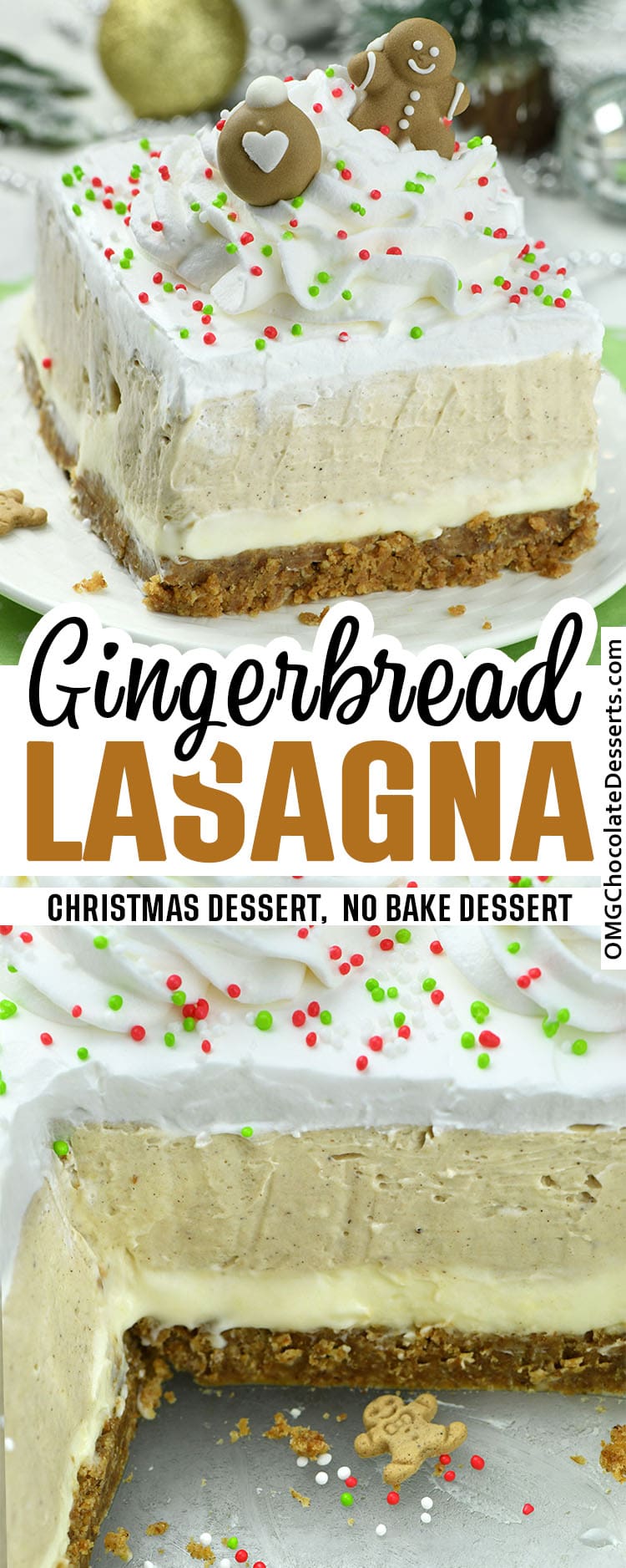 This layered dessert combines ginger snaps crust, cheesecake layer, creamy and smooth gingerbread pudding layer with ginger and warm spices. 