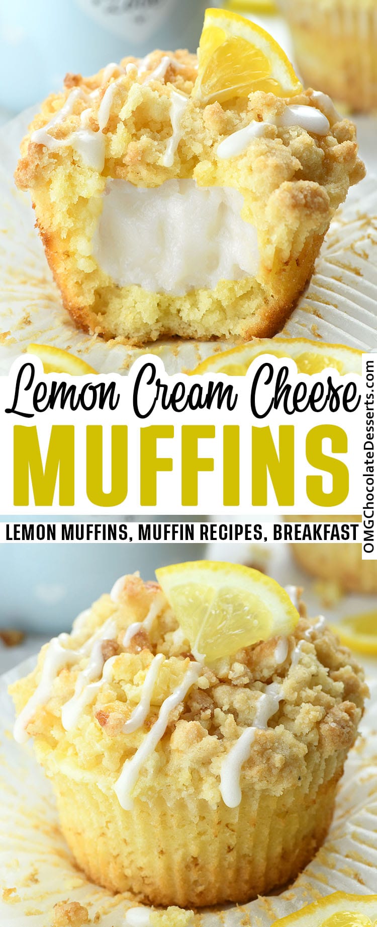 Two different images of Lemon Muffins and title text between the images.