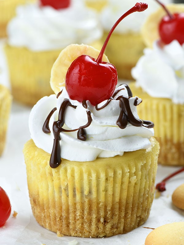 Mini Banana Split Cheesecakes packed with banana flavor, perfect for spring baking season. Smooth and creamy banana cheesecake, vanilla wafer crust and whipped cream topping garnished with banana slices and maraschino cherries