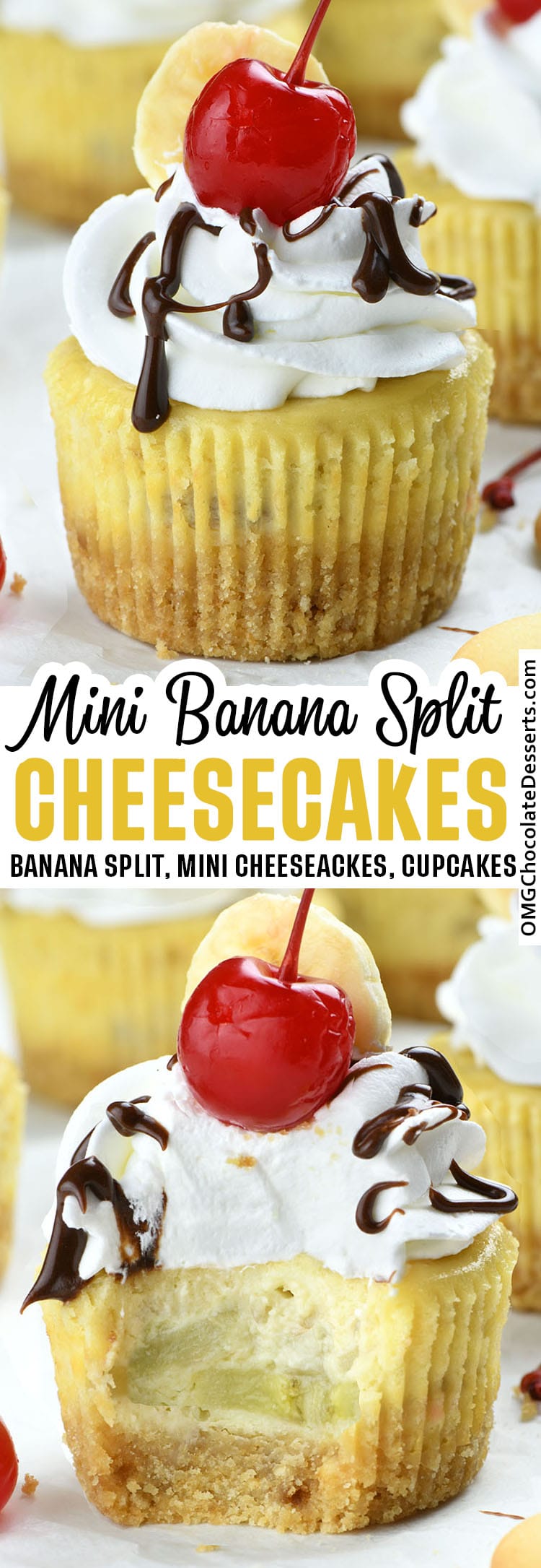 Tro different images of Mini Banana Split Cheesecakes with title text between them. 