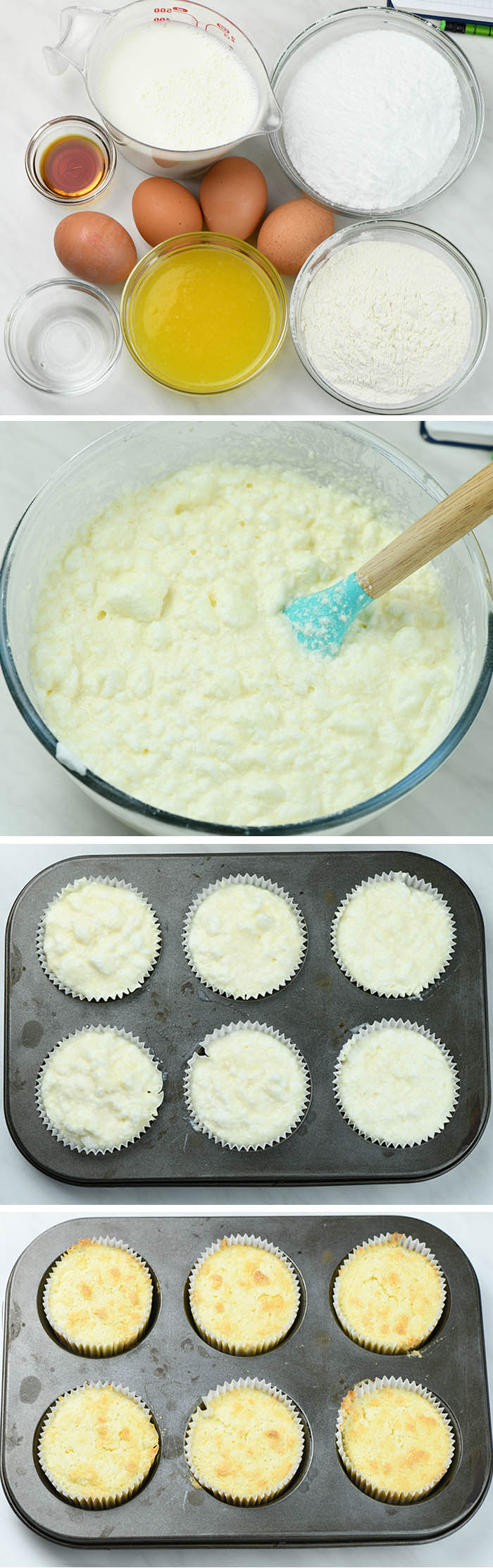 Four images of Vanilla Magic Custard Cupcakes preparation.