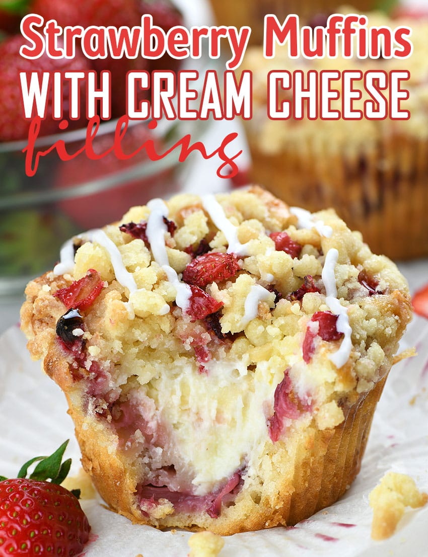 Strawberry Cream Cheese Muffins on a white paper garnished with fresh strawberry.