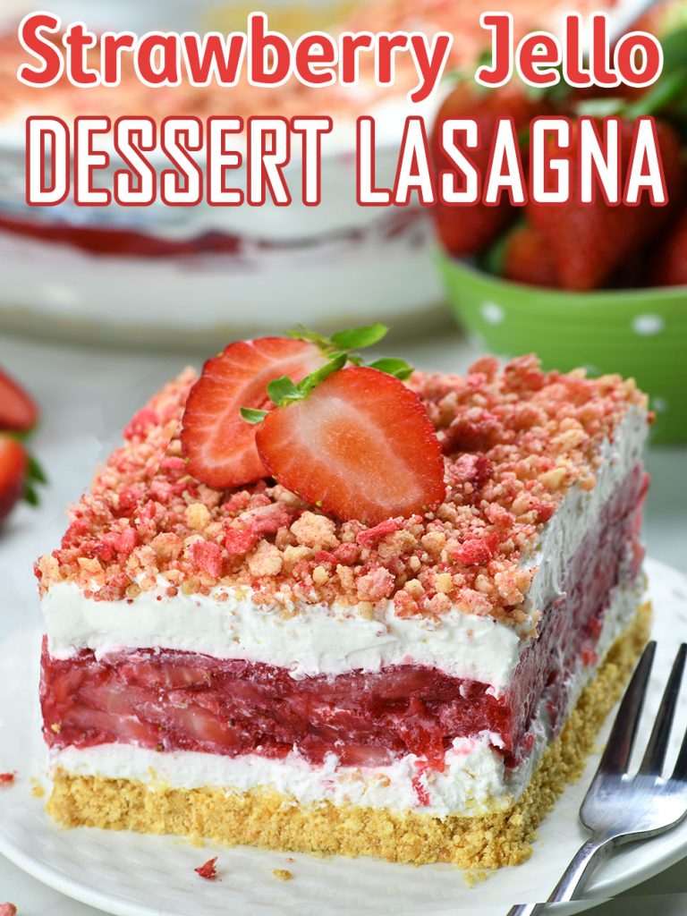 Strawberry Jello Lasagna - a layer of fresh berries stuck together with strawberry Jello, sandwiched between two fluffy layers of cream cheese and the whipped cream mixture.