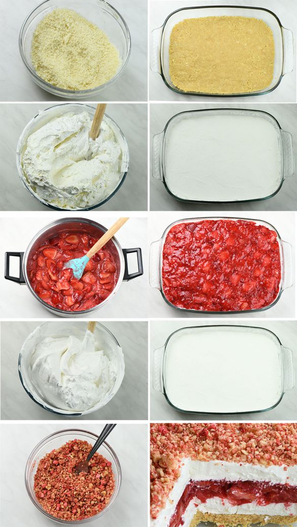 Strawberry Jello lasagnaNo Bake Dessert With Jello and Strawberry Crunch