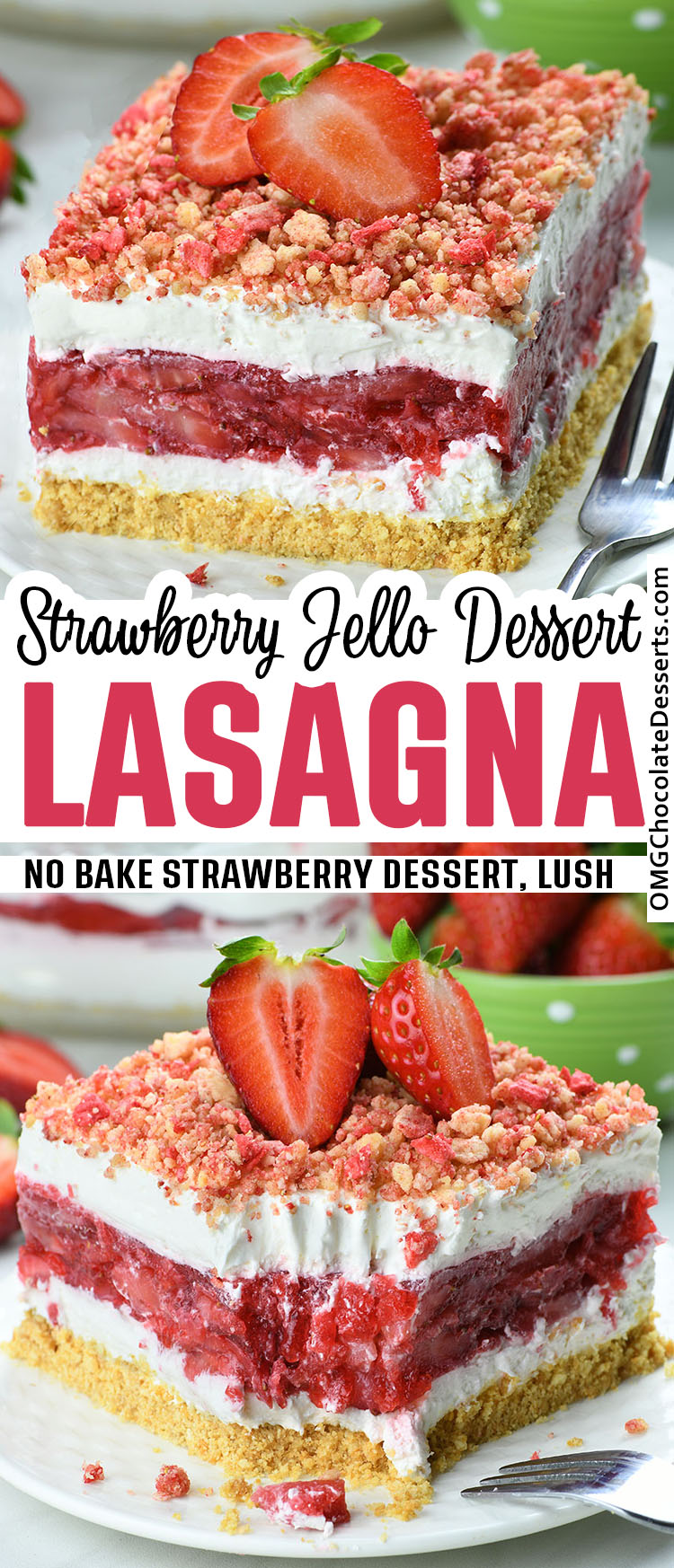 Two images of Strawberry Jello Lasagna with title text beside.