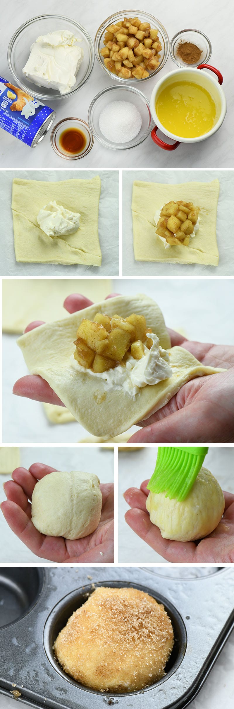 Bunch of images of Apple Pie Crescent Muffins preparation steps.