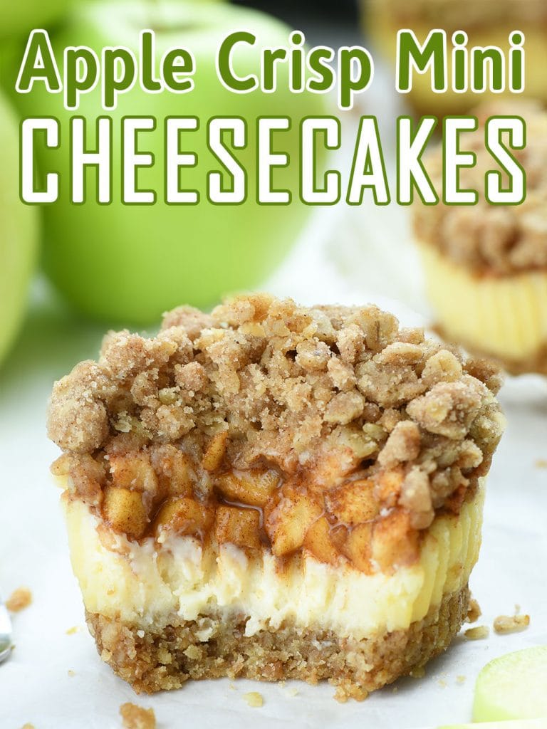 Half of Apple Crisp Mini Cheesecake  with streusel topping and bunch of apples behind.