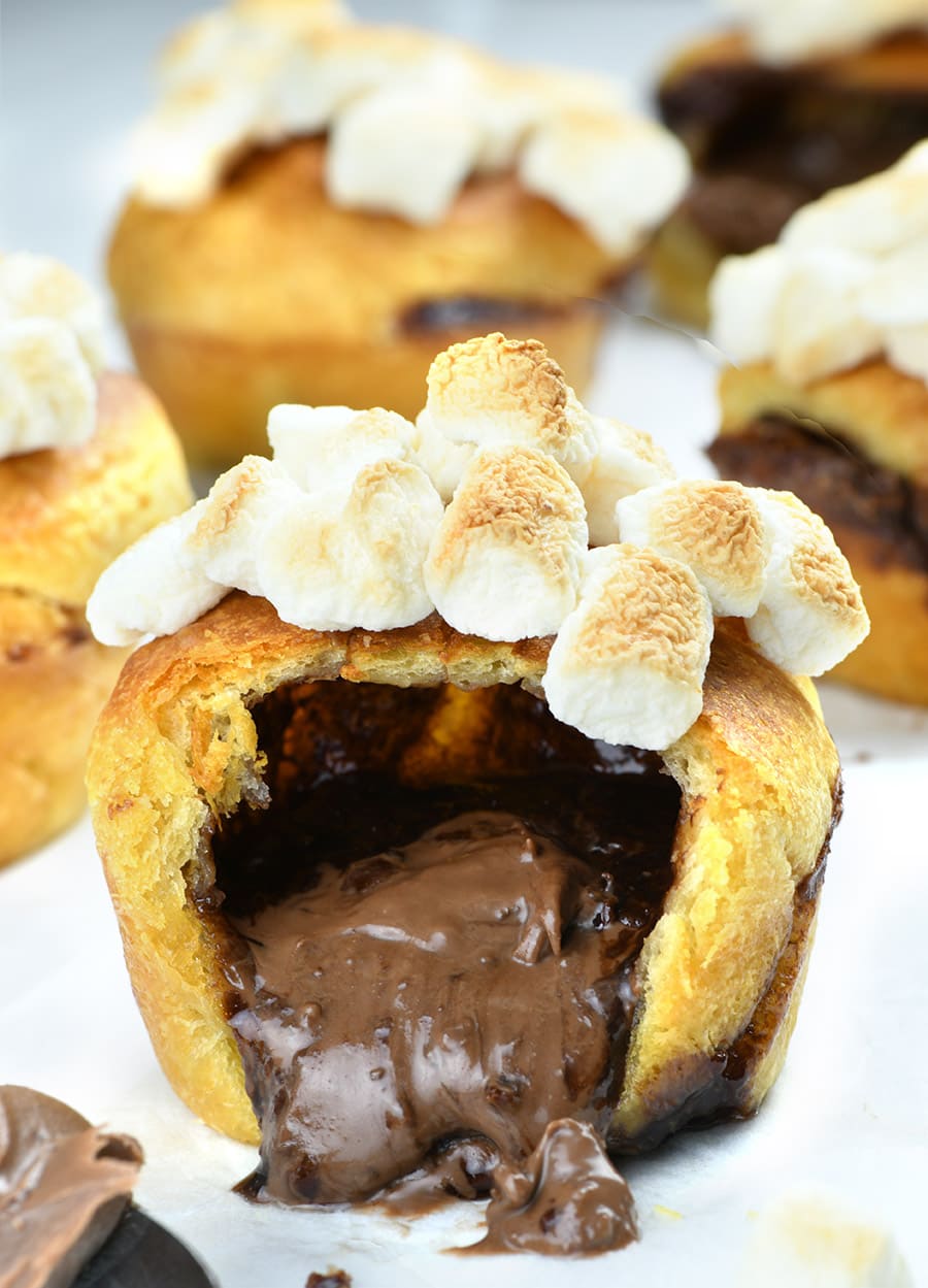 Nutella S'mores Crescent Muffin overloaded with Nutella and topped with gooey, toasted marshmallows.