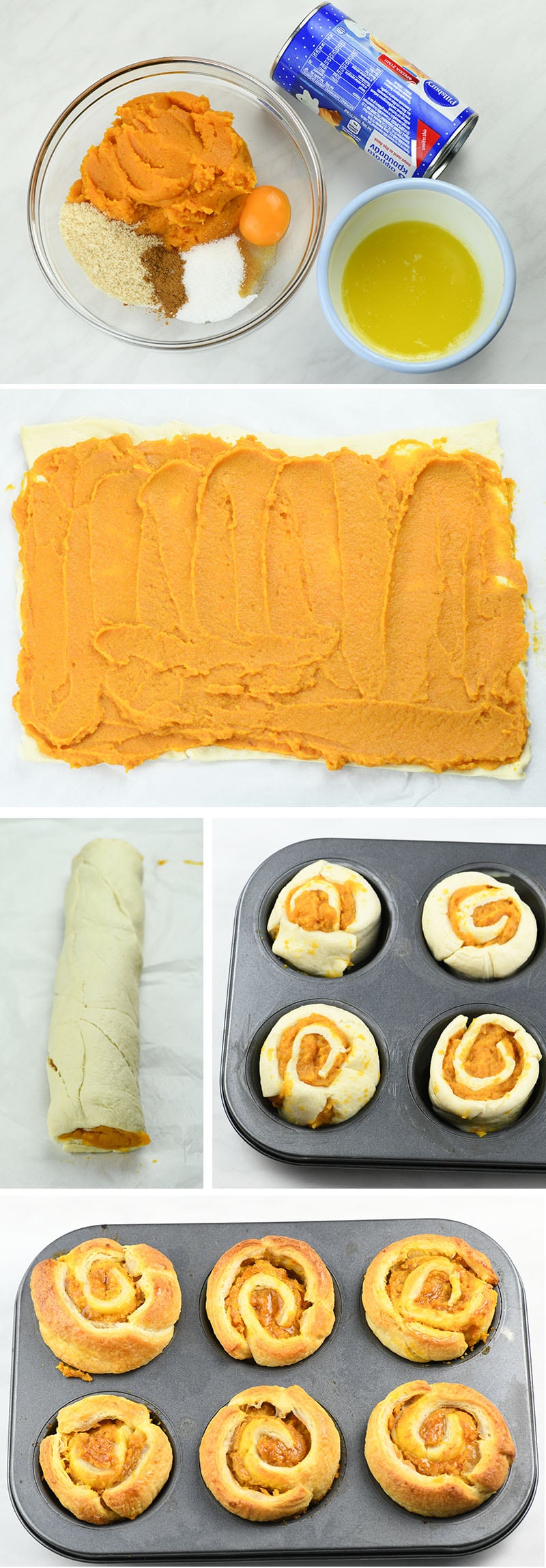 Couple of Pumpkin Roll Muffins preparation steps images.