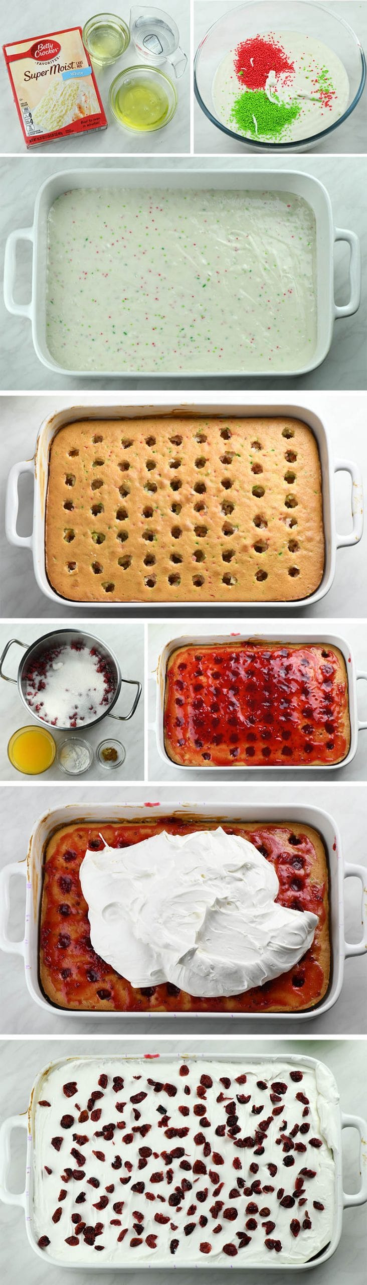 Couple of images for step-by-step Cranberry Poke Cake preparation.