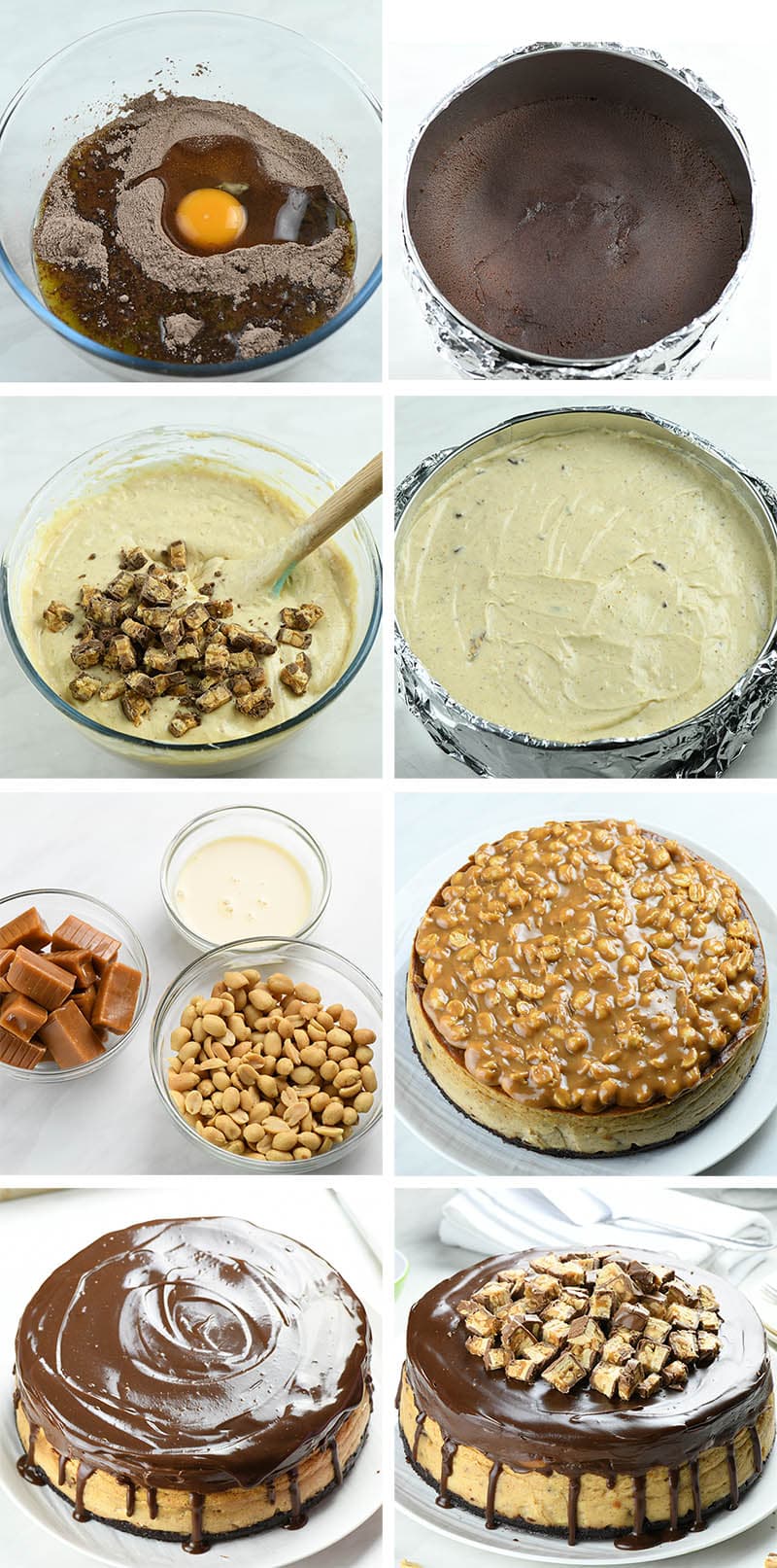 Eight images of Peanut Butter Snickers Cheesecake step-by-step instructions.